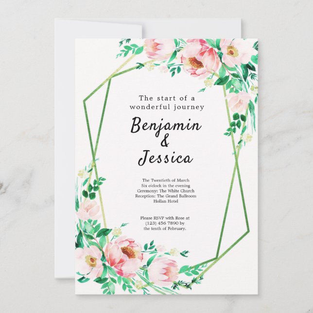 Pink & Green Floral Geometric Wedding Invitation (Front)