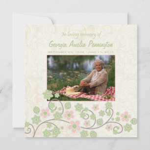 Pink green floral in memoriam photo flat card