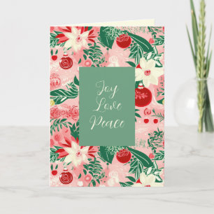 Pink Green Floral Joy Love Peace Christmas Card