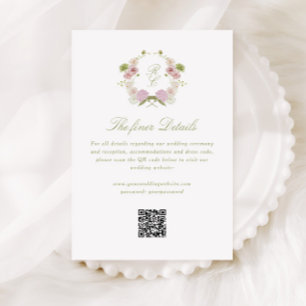 Pink Green Floral Monogram Crest Wedding Details Enclosure Card