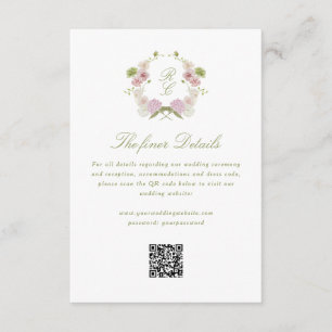 Pink Green Floral Monogram Crest Wedding Details Enclosure Card