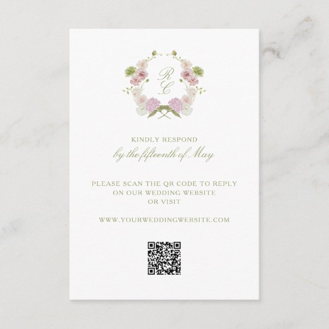 Pink Green Floral Monogram Crest Wedding Enclosure Card (Front)