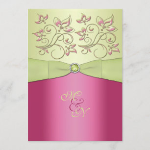Pink, Green Floral Monogram Wedding Invitation