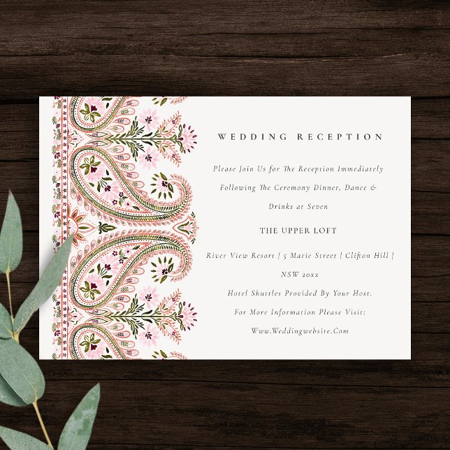 Pink Green Floral Paisley Motif Wedding Reception Enclosure Card (Creator Uploaded)