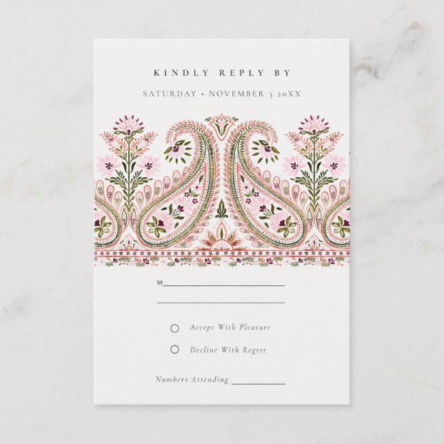 Pink Green Floral Paisley Motif Wedding RSVP Enclosure Card (Front)