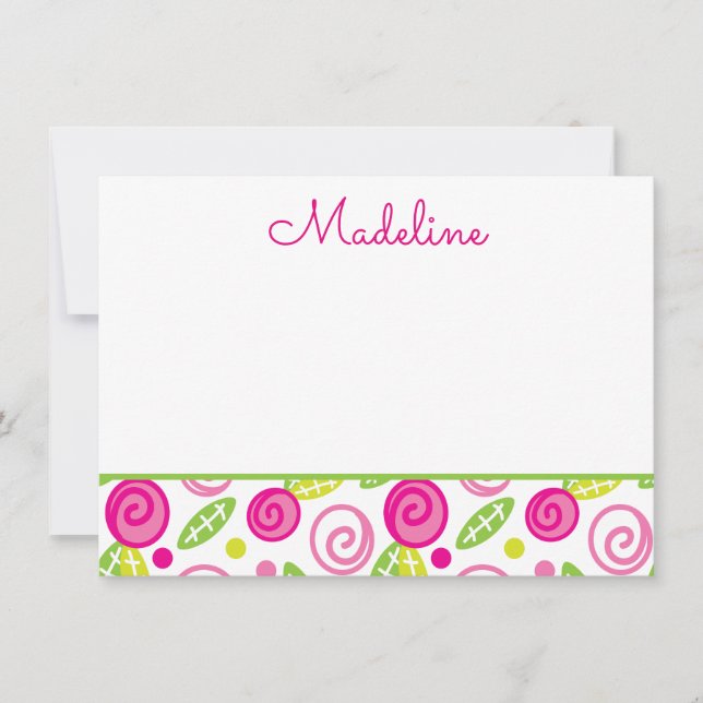 Pink & Green Floral Personalised Flat Note cards (Front)