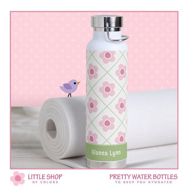 Pink Green Floral Personalised Water Bottle (Creator Uploaded)