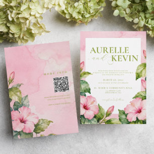 Pink Green Floral Summer Watercolor QRcode Wedding Invitation