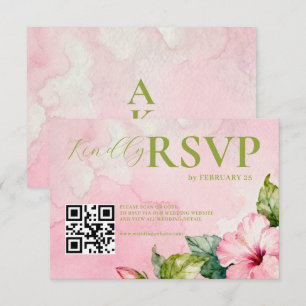 Pink Green Floral Summer Watercolor QRcode Wedding RSVP Card