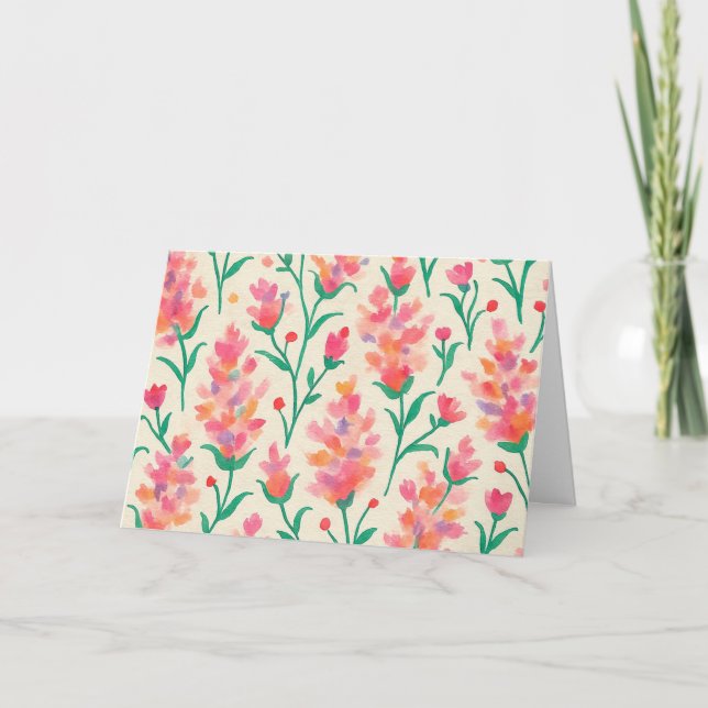 Pink & Green Floral Watercolor Blank Greeting  Card (Front)