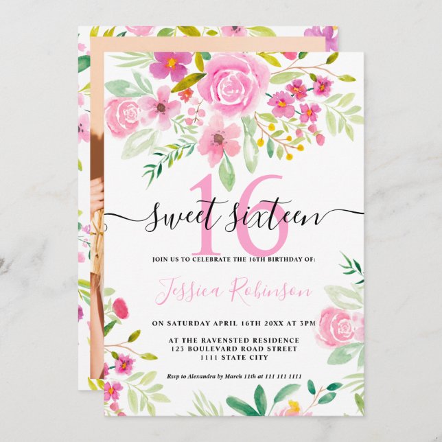 Pink green floral watercolor script Sweet 16 Invitation (Front/Back)