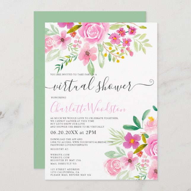 Pink green floral watercolor script virtual shower invitation (Front/Back)