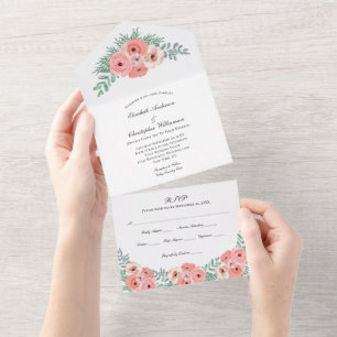 Pink Green Floral Wedding All In One Invitation