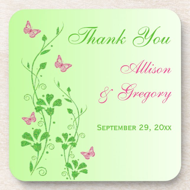 Pink Green Floral Wedding Coaster Set (6) (Front)