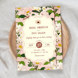Pink green floral wedding invitation