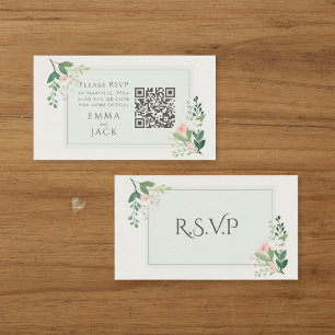 Pink green Floral Wedding RSVP QR Code Enclosure Card