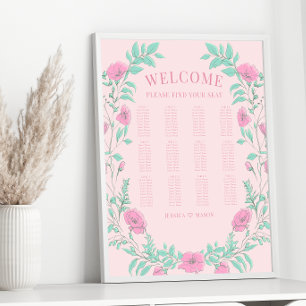 Pink green floral wreath wedding seating chart