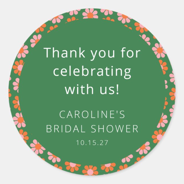 Pink Green Flowers Bridal Shower Custom Thank You Classic Round Sticker (Front)