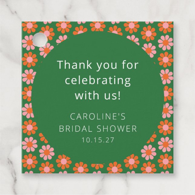 Pink Green Flowers Bridal Shower Custom Thank You Favour Tags (Front)