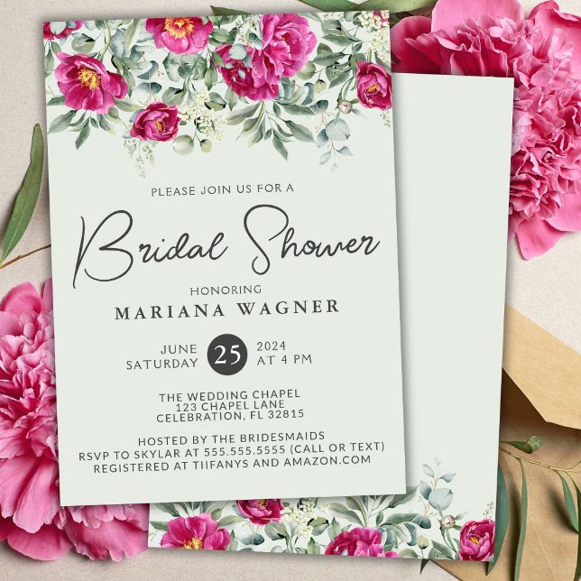 Pink Green Flowers on Sage Bridal Shower Invitation (Creator Uploaded)