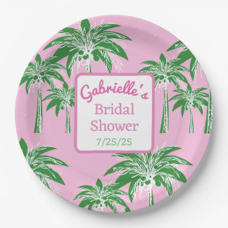 Pink & Green Font Palm Tree Bridal Shower Custom Paper Plate