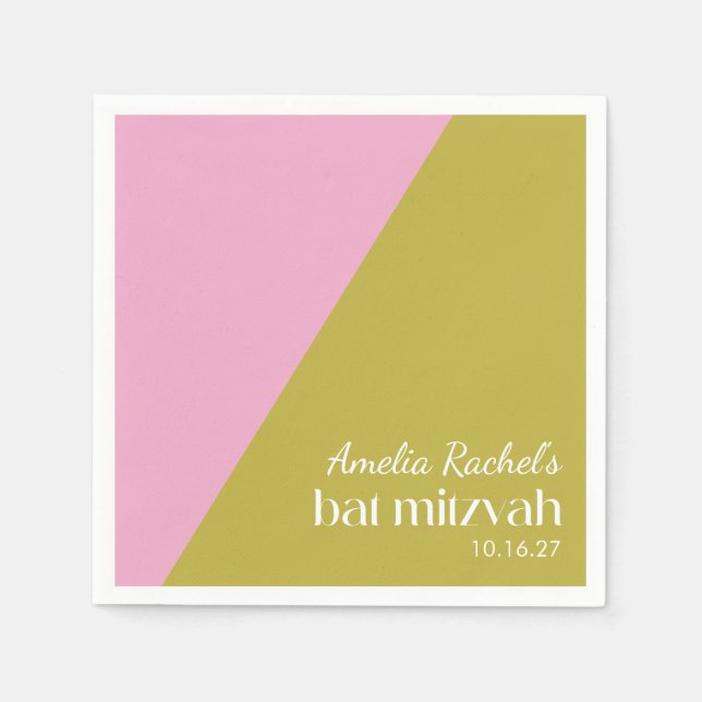 Pink Green Geometric Colour Block Bat Mitzvah  Napkin (Front)