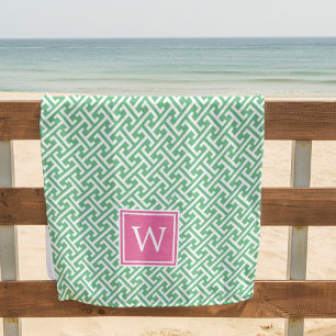Pink & Green Geometric Pattern Monogram Beach Towel
