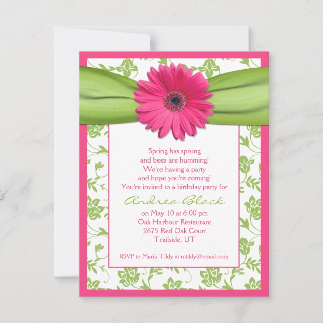 Pink Green Gerbera Daisy Birthday Invitation (Front)