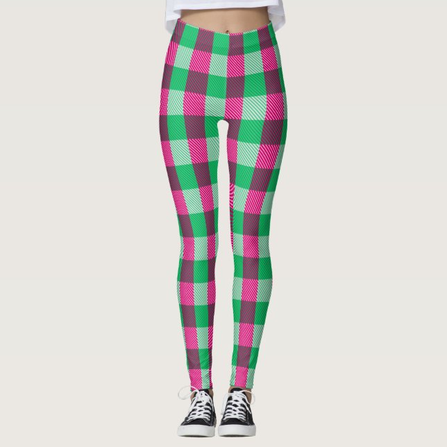 Pink Green Gingham Check Design  Leggings (Front)