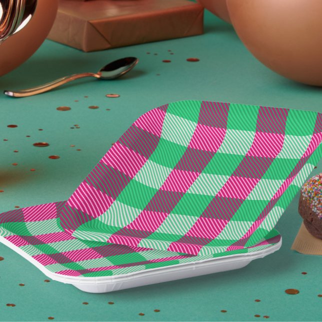 Pink Green Gingham Check Design  Paper Plate (Creator Uploaded)