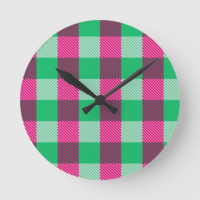Pink Green Gingham Check Design  Round Clock (Front)