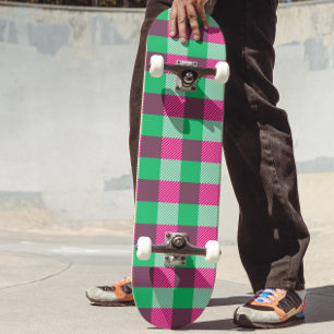 Pink Green Gingham Check Design Skateboard