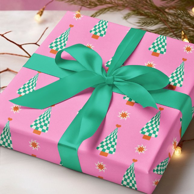 Pink Green Gingham Christmas Tree Retro Pattern Wrapping Paper (Creator Uploaded)