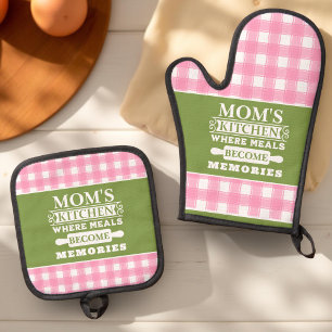 Pink Green Gingham Mum's Meals Become Memories Oven Mitt & Pot Holder Set