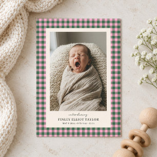 Pink Green Gingham Two Photo New Baby Birth Announcement