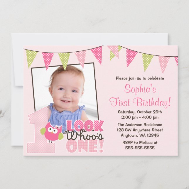Pink Green Girl Owl 1st Photo Birthday Invitations (Front)