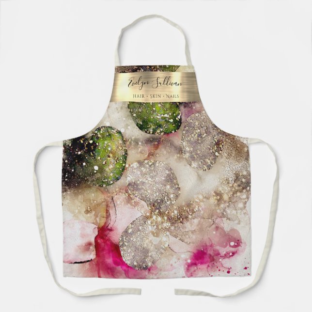 Pink green glitter watercolor beauty professional apron (Front)