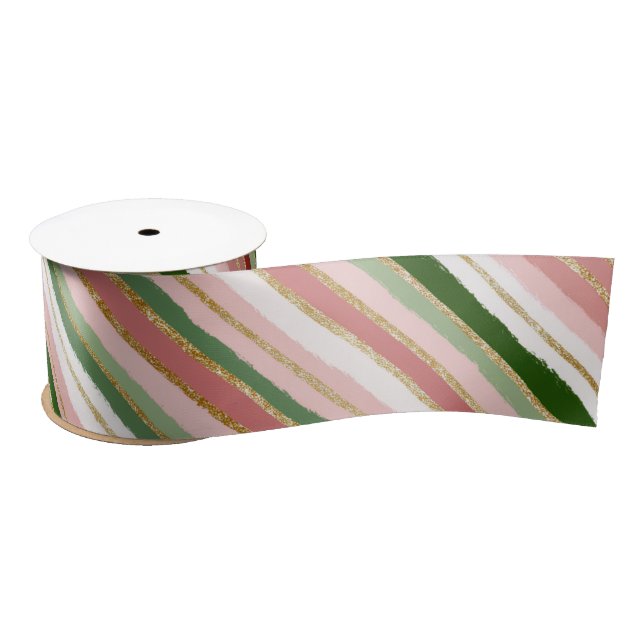 Pink Green Gold Christmas Stripes Satin Ribbon (Spool)