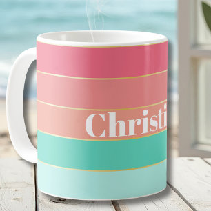 Pink Green Gold Custom Summer Colour Block Stripes Coffee Mug
