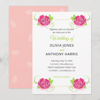 Pink Green Gold Floral Rose Wedding  Invitation