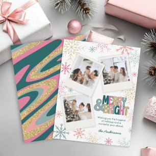 Pink Green Gold Merry & Bright Retro Swirl 3 Photo Holiday Card