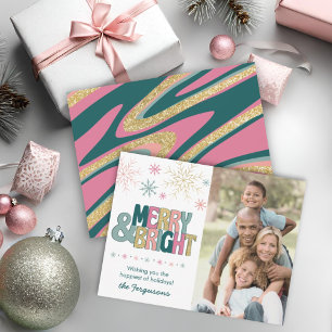 Pink Green Gold Merry & Bright Retro Swirl Photo Holiday Card