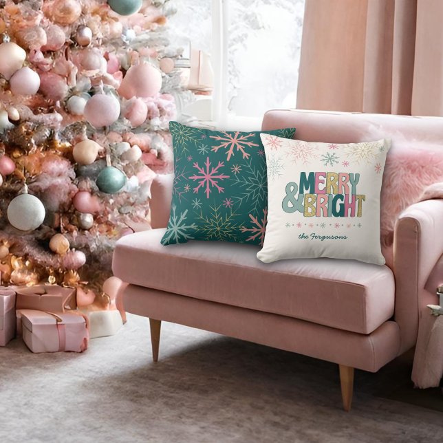 Pink Green Gold Merry & Bright Snowflakes Name Cushion (Creator Uploaded)