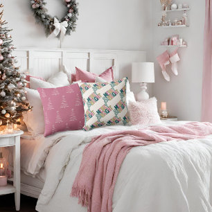 Pink Green Gold Merry & Bright Snowflakes & Trees Cushion