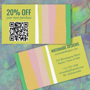 Pink Green Gold Minimalist Stripes Simple QR CODE Discount Card