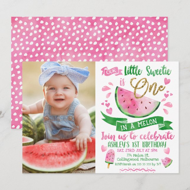 Pink Green Gold One In A Melon Photo 1st Birthday Invitation (Front/Back)