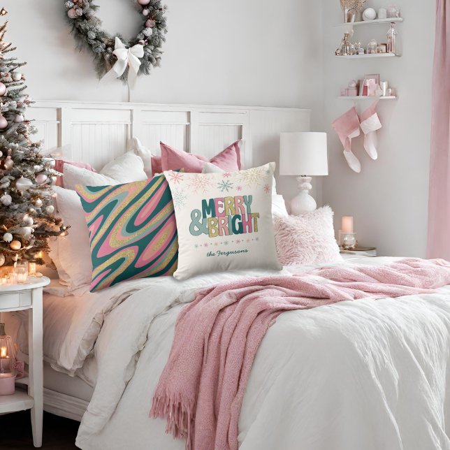 Pink Green Gold Retro Merry Bright Snowflakes Name Cushion (Creator Uploaded)