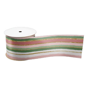 Pink Green Gold Stripes Christmas  Satin Ribbon