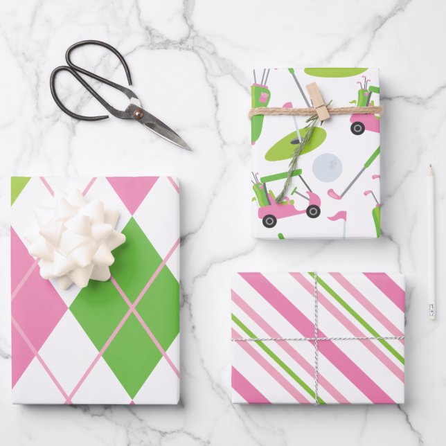 Pink & Green Golf Argyle Stripes Gift Wrap Sheets (Front)