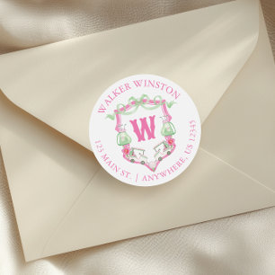 Pink & Green Golf Cart Monogram Crest Address Classic Round Sticker